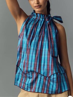 NWT Maeve Blue Plaid Sleeveless Tie Neck Blouse Anthropologie XL